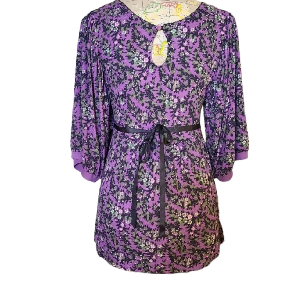 Free People Size Small Bohemian Purple Black Floral Scoopneck Babydoll Blouse